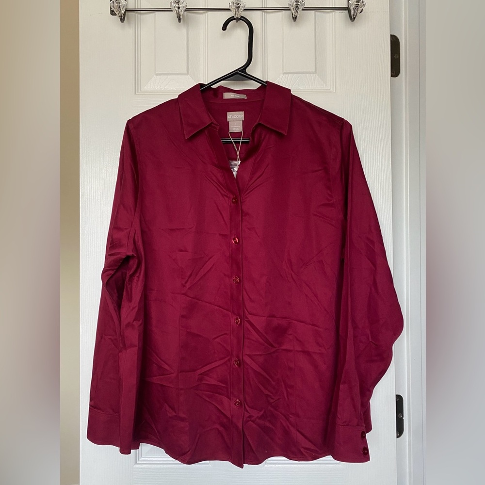 Chicos No Iron Long sleeved Button Down Shirt Burgundy size 1 NWT